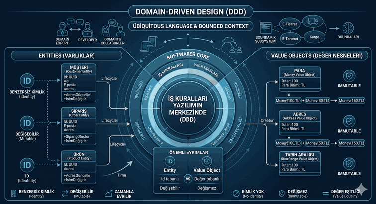 Domain-Driven Design (DDD): İş Kurallarını Yazılımın Merkezine Koymak (Value Objects vs. Entities)